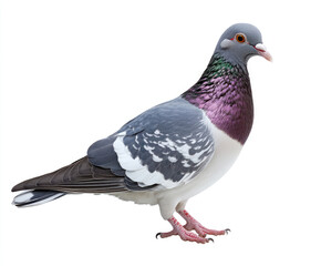 A detailed view of a pigeon standing on a white surface, side profile