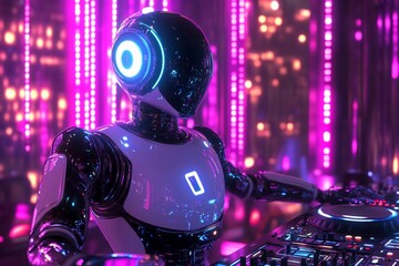 Fototapeta premium Robot DJ spinning tracks at a trendy club with glowing lights