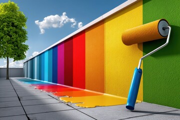 Colorful mural creation brightens urban landscape with vibrant hues on a sunny day