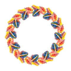 a circular frame of leaves a drawing in colored pencils an isolated illustration on a white background