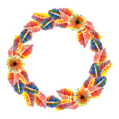 a circular frame of leaves and flowers a drawing in colored pencils an isolated illustration on a white background