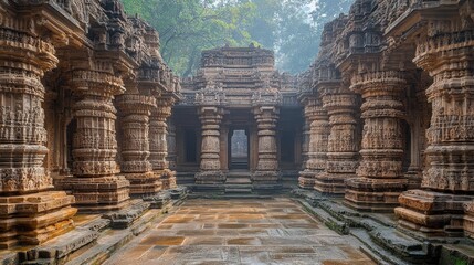 Ancient stone temple interior, a serene and intricate architectural design.