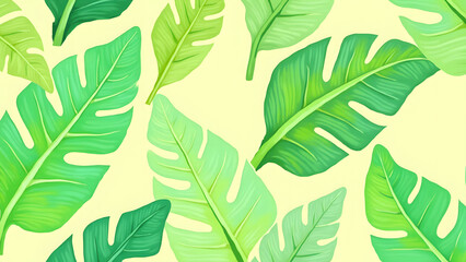 Tropical banana leaf pattern, lively jungle theme for kids' rooms and educational rainforest projects.