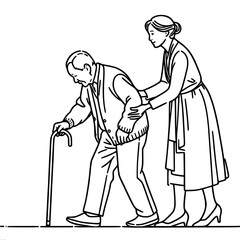 Obraz premium Elderly hunched man with cane walking with woman help in one line contour vector