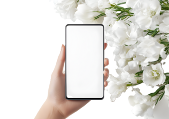 Hand holding Smartphone kept on white or transparent background for your mobile phone app or web site design, logo Global Business technology