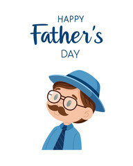 Vector illustration, Father's Day poster featuring a stylish father figure and festive text on a white background. Perfect for greetings, promotions and other Father's Day themed projects.
