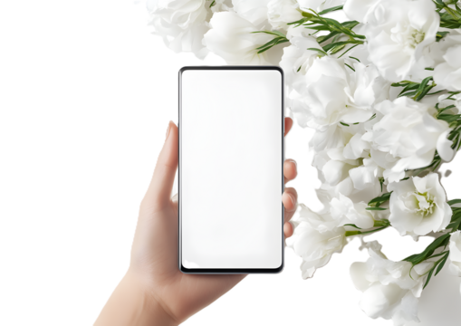 Hand holding Smartphone kept on white or transparent background for your mobile phone app or web site design, logo Global Business technology - Powered by Adobe