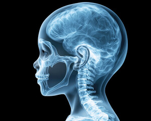 X-ray view of a child's head, revealing brain, skull, and spine in profile