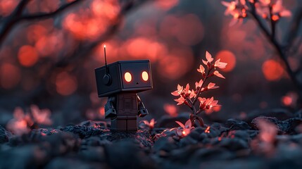 Small Black Robot Amidst Glowing Red Flowers at Night