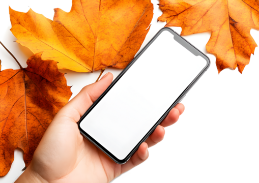 Hand holding Smartphone isolated on white or transparent background for your mobile phone app or web site design, logo Global Business technology