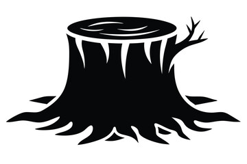 Stylized Black Tree Stump Illustration with Branch, Detailed Base Root Structure and Top Pattern