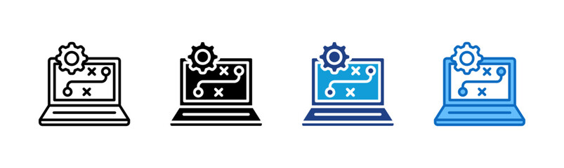 Digital Plan - Multi Style - laptop with gear and route markers, indicating online or digital strategy planning