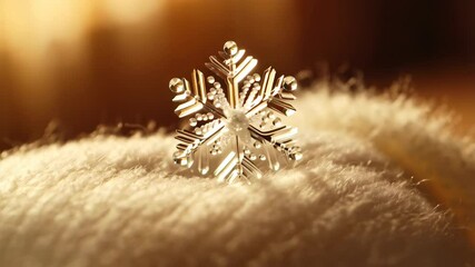 Elegant crystal snowflake ornament rests on a plush, soft, light-colored blanket with warm golden light catching the intricate geometric details. - Powered by Adobe
