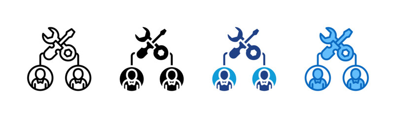 Team Tools - Multi Style - Gear and wrench linked to team members, representing collaborative setup and planning