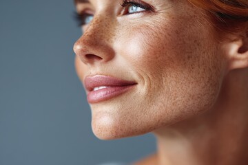 Fototapeta premium Close-up of a woman showcasing natural beauty and freckles in a soft, neutral setting with gentle lighting accentuating her features