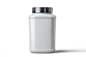 White container with metallic cap stands on a surface reflecting soft light, showcasing minimalist design and modern aesthetics in a bright setting