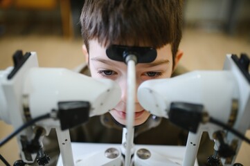 Boy undergoing vision diagnostics with modern equipment in ophthalmology clinic