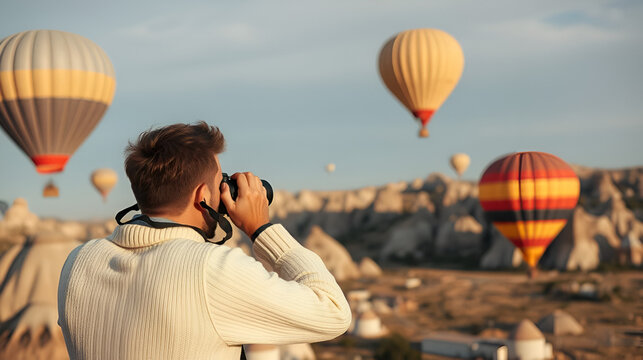 Travel photographer wearing white sweater taking a picture of balloons in Cappadocia. Travel photographer in Turkey