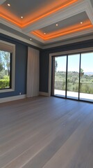 Obraz premium Modern Luxury Room with Gray Hardwood Floor and Orange Accent Lighting