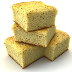 Stacked squares of freshly baked cornbread photo on a clean white background for food concepts