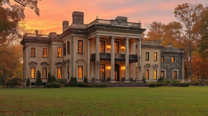 Obraz premium Grand estate mansion at golden hour.