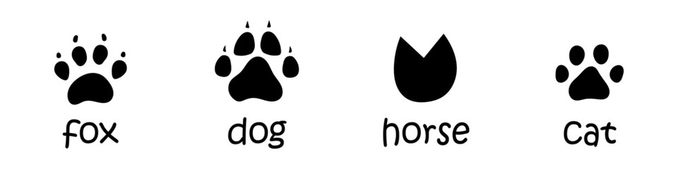 Fototapeta premium Vector set of animal footprints. Collection with fox, dog, horse and cat footsteps tracks. Paw trace in black silhouette. Animal feet collection.