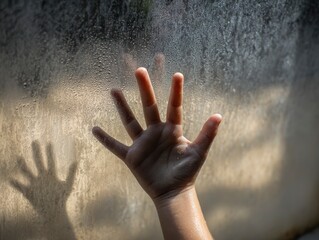 Child's Hand Reaching Through Misty Glass: A Somber Study