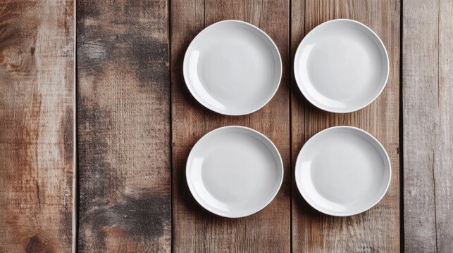 Four empty white plates on rustic wooden table