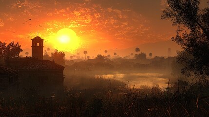 A picturesque sunset over a tranquil village nestled beside a misty waterway, silhouetted against a fiery orange sky