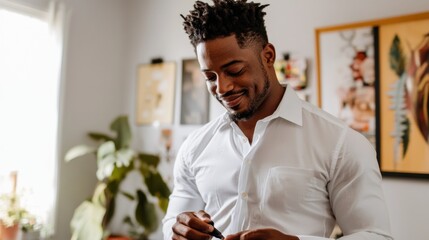 Obraz premium Focused man writing holding pen wearing white shirt indoors natural lighting casual business portrait