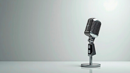 Vintage-Style Microphone on Stand Against Minimalist Background, Podcast themed mic, space for text