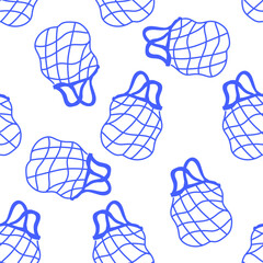 A seamless pattern with eco bag. Blue doodle print with reusable fishnet shopper.