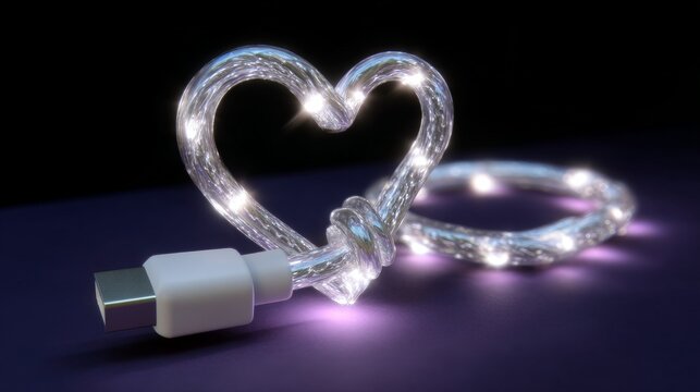 Glowing heart-shaped usb cable with illuminated design on dark background