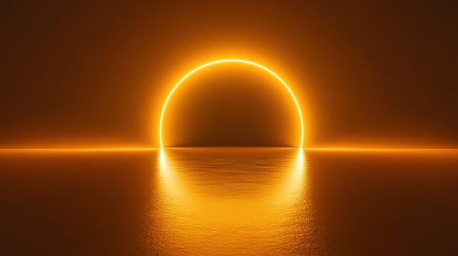 Glowing semicircle light above reflective surface abstract background