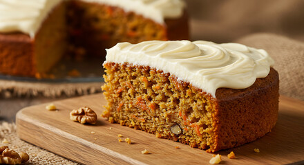 Slice of Delicious Homemade Carrot Cake with Cream Cheese Frosting on Wooden Board - Food Still Life