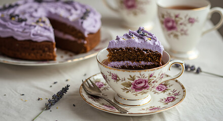 Fototapeta premium Slice of Lavender Frosted Chocolate Cake in Vintage Floral Teacup on Saucer