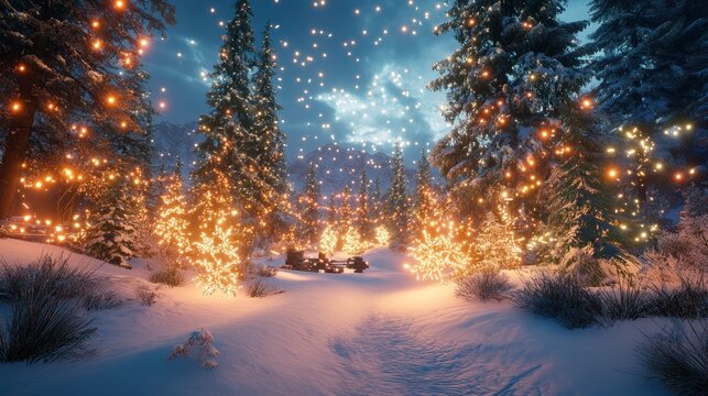 Enchanted winter forest path with glowing lights at night