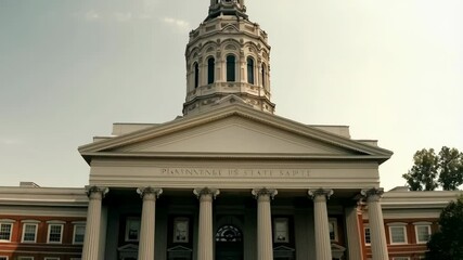 Dramatic establishing shot of an impressive governmental or academic building with grand columns and a large dome. - Powered by Adobe