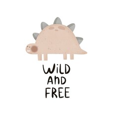 Cartoon dinosaur, hand drawing lettering. Colorful illustration, flat style. design for cards, print, poster