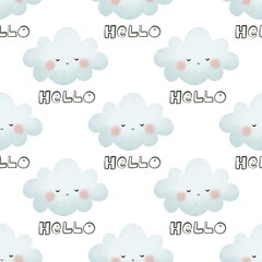 Seamless pattern with cartoon clouds. Colorful illustration for kids. Hand drawing flat style. baby design for print, fabric, wrapper, textile