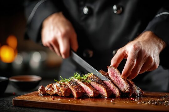 Expert chef artfully slices a juicy medium-rare steak on a wooden cutting board, enhancing the dining experience with culinary expertise and a focus on quality ingredients.
