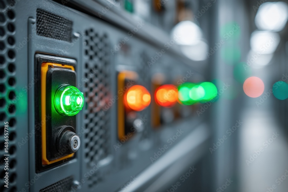 Poster close-up of server rack with led indicators showing network activity and system status, providing a 