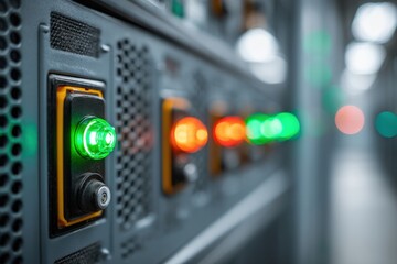 Close-up of server rack with LED indicators showing network activity and system status, providing a high-tech view of a data center's operational integrity.