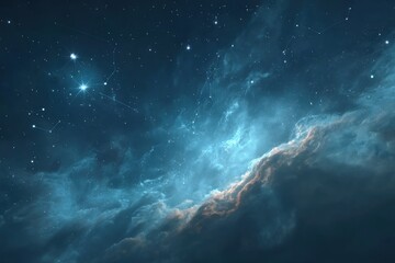 Obraz premium Mystical cosmic landscape with glowing stars and ethereal clouds in the dark sky, showcasing the beauty of the night sky, constellations and nebulas.