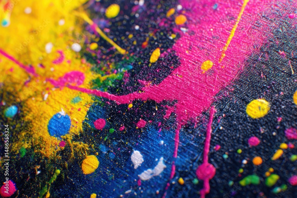 Poster macro shot of a canvas covered in vibrant multi-colored paint splatters, creating an abstract and te