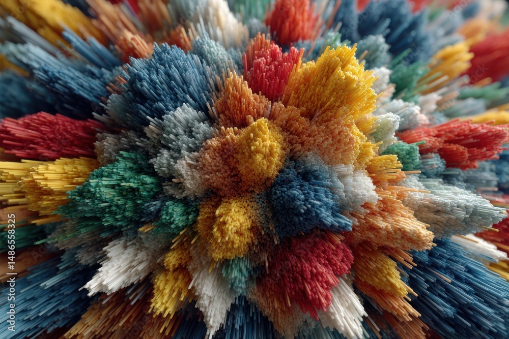 Poster A vibrant explosion of abstract color, texture and depth, creating a mesmerizing and intricate 3D render with soft lighting and dynamic composition.