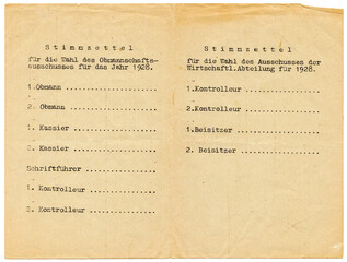 Stimmzettel für die Wahl des Obmannschaftsausschusses 1928 - ein Schriftgut als Zeitdokument der...