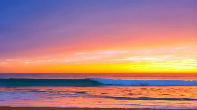 Beach scene featuring a vibrant, colorful horizon reflecting onto gentle ocean waves rolling towards a sandy shore under a pastel sky during sunrise