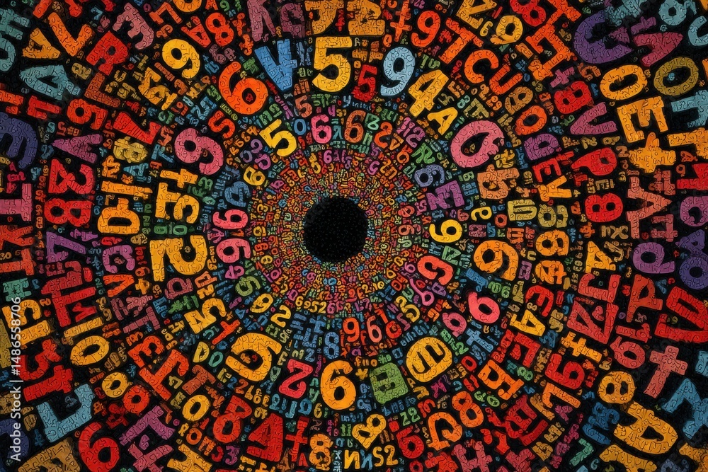 Poster a colorful and intricate abstract design featuring a vortex of numbers and letters, creating a capti