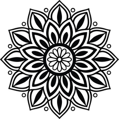 A detailed black and white mandala design with floral and geometric patterns on a white background